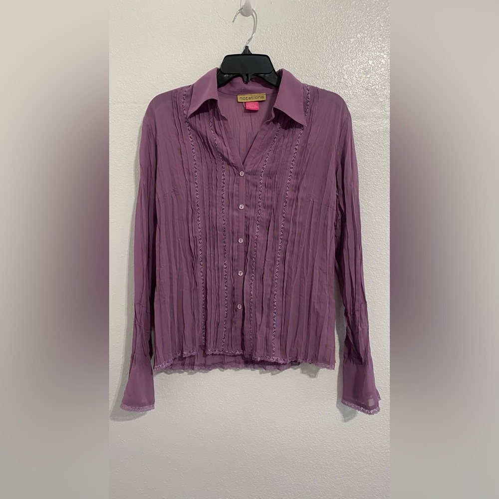 Vintage Notations Pleated Purple Button Down Shirt
